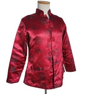 Fabulous Fashion 80s Asian Red Satin Jacket Quilted Holiday Chinese New Year MED